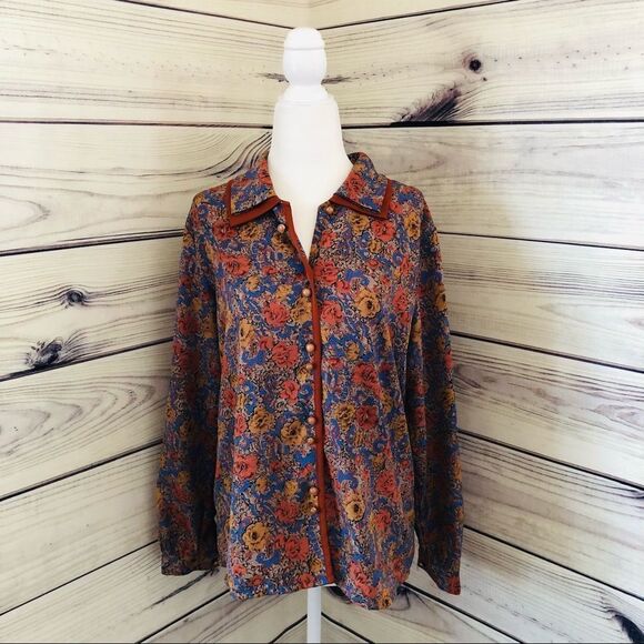Tung Tai Vintage Burnt Orange & Blue Floral Button Down Blouse Size Small-Medium - Picture 1 of 6